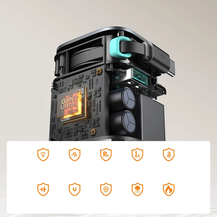 Joyroom JR-TCL02 65W USB-A USB-C GaN-Ladegerät mit integriertem USB-C-Kabel – Schwarz