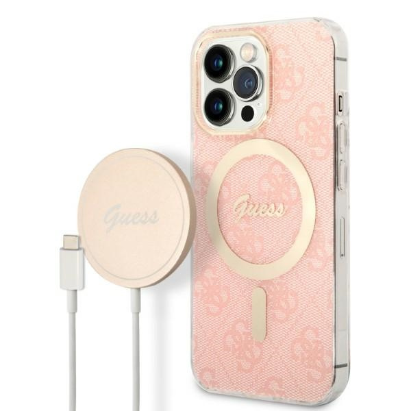 Kit Cover Guess Case+ Caricabatterie iPhone 13 Pro Max rosa/rosa rigido case 4G Print MagSafe