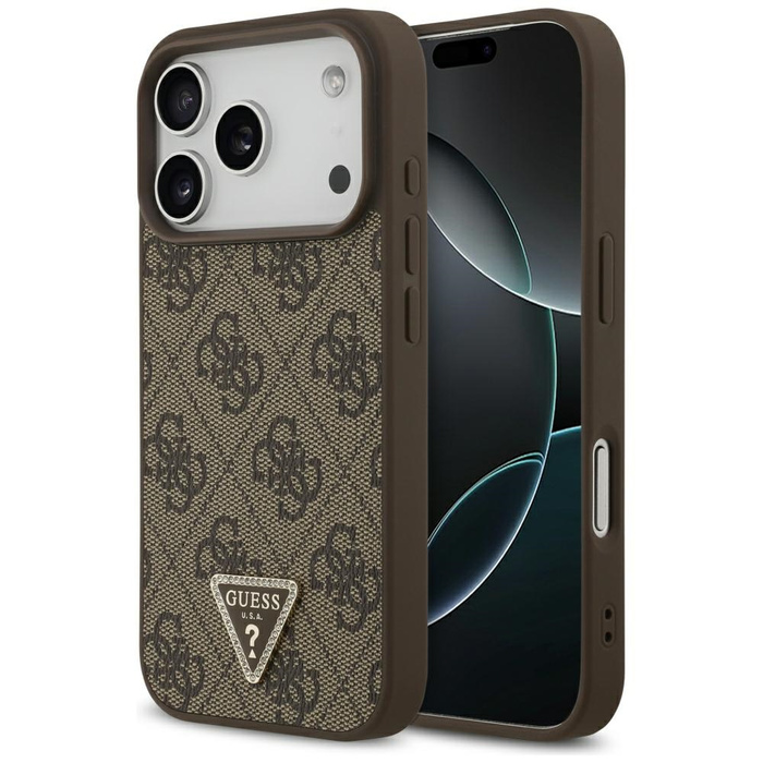 Etui Guess Leather 4G Triangle Strass    MagSafe do iPhone 17 Pro brązowy
