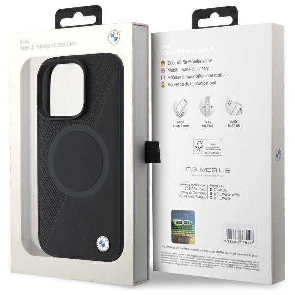 Case BMW iPhone 16 Pro Max black/black hardcase Sign Leather Half Textured And Circle MagSafe