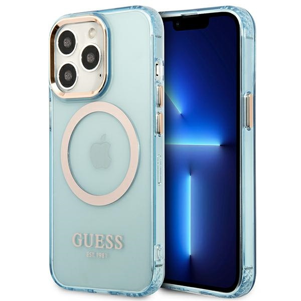 Case GUESS Apple iPhone 13 Pro Max Gold Outline Translucent MagSafe Blue Hardcase