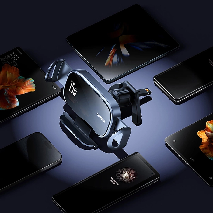 Baseus LightChaser BS-CM029 Autohalterung mit induktivem Dreifachspulen-Ladegerät – Schwarz