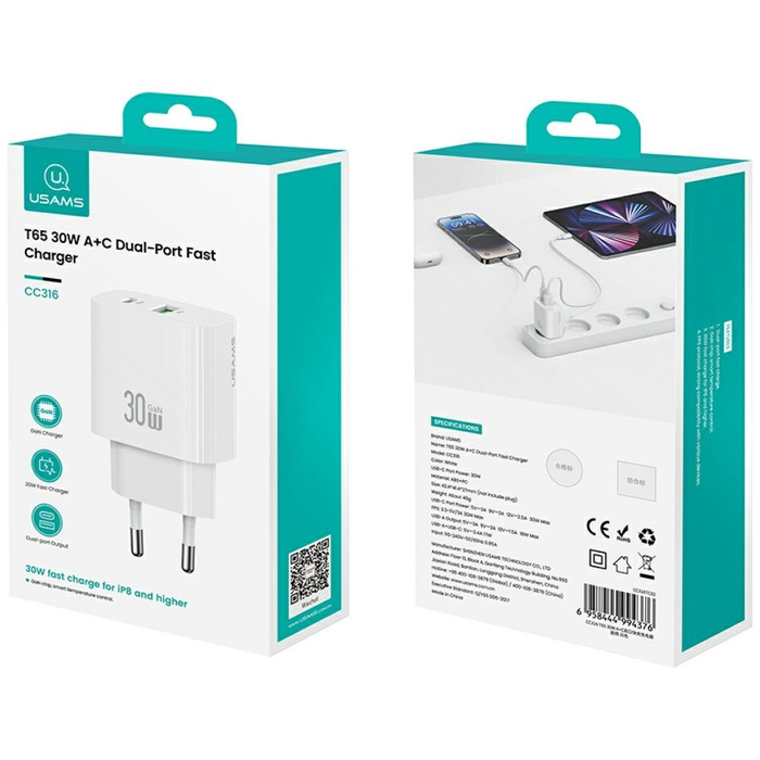 Ładowarka sieciowa USAMS CC316 T65 30W   1xUSB-C 1xUSB-A Fast Charging biały