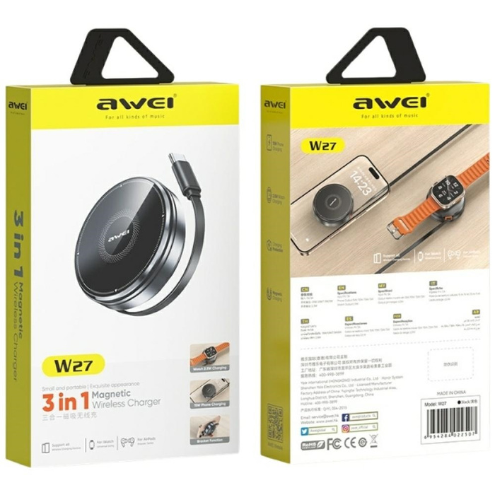 Ładowarka indukcyjna 3w1 AWEI W27 15W    z kablem USB-C Fast Charging czarny