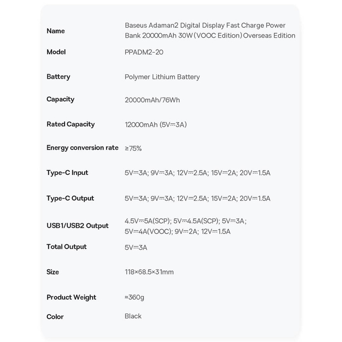 Baseus Adaman2 Powerbank mit bildschirmem digital 20000mAh 30W 2 x USB / 1x USB Typ C Power Delivery Quick Charge SCP, Oppo Super VOOC schwarz (PPAD050101)