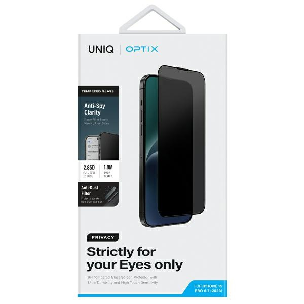 Uniq Optix Privacy gehärtetes Glas für iPhone 15 Pro Max mit Applikator