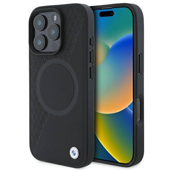 Case BMW iPhone 16 Pro Max black/black hardcase Sign Leather Half Textured And Circle MagSafe