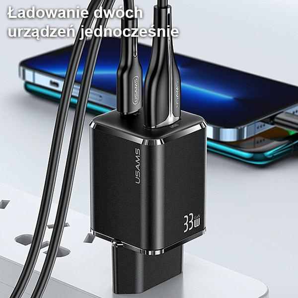 USAMS Charg. 1xUSB-C+1xUSB T43 33W PD3.0 +QC3.0 + kabel U63 USB-C zu Lightning schwarz/schwarz USKTZ01