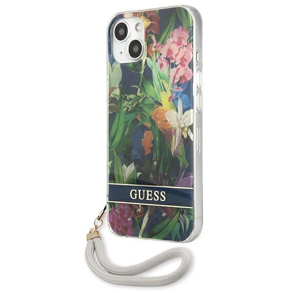 Hülle GUESS Apple iPhone 13 Blume Riemen Blau Hartcase