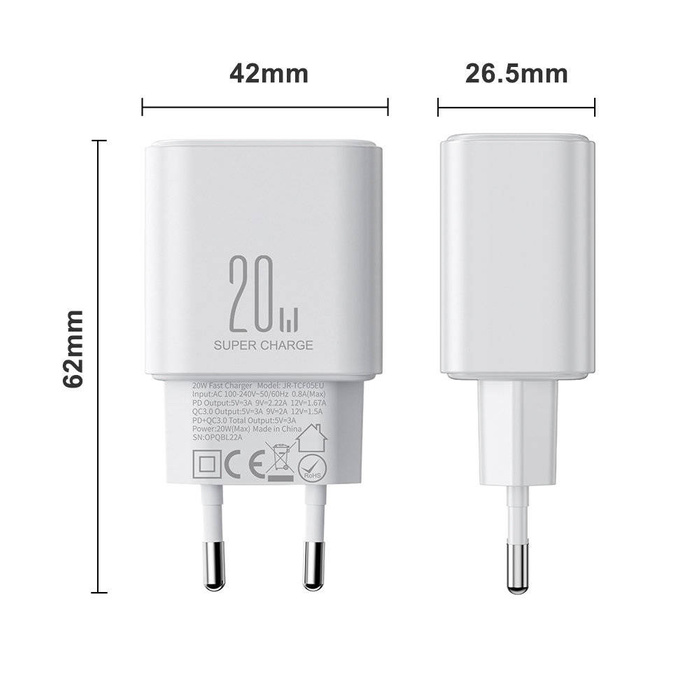 Joyroom JR-TCF05 20W USB-C / USB-A Rychlá dvouportová nástěnná nabíječka – bílá + USB-C – Lightning 1m