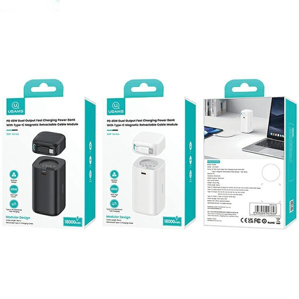 USAMS Powerbank ze zwijanym kablem USB-C 18000 mAh PD45W Fast Charge XMF Series biały/white 20KCD21602 (US-CD216)