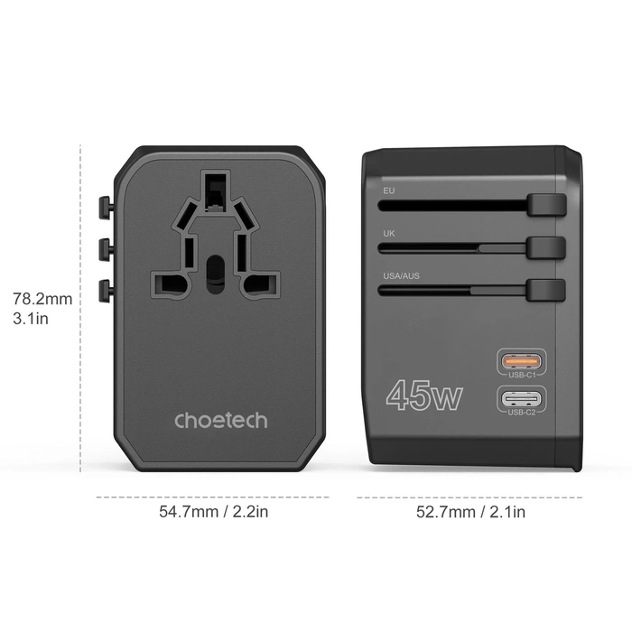 Caricabatterie da viaggio GaN USB-C USB-A 45W Choetech PD6045 con prese US EU UK AU - Nero