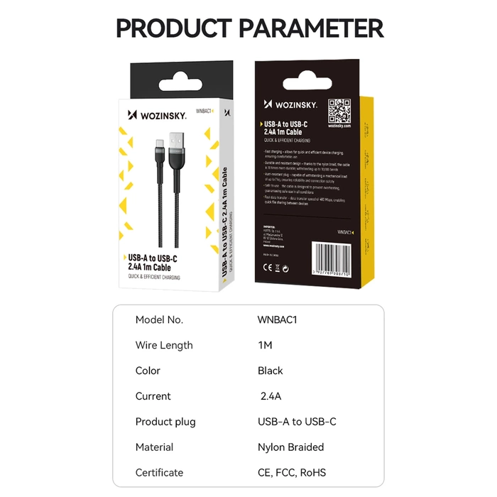 Wozinsky WNBAC2 USB-A / USB-C 2.4A kabel 2 m - černý