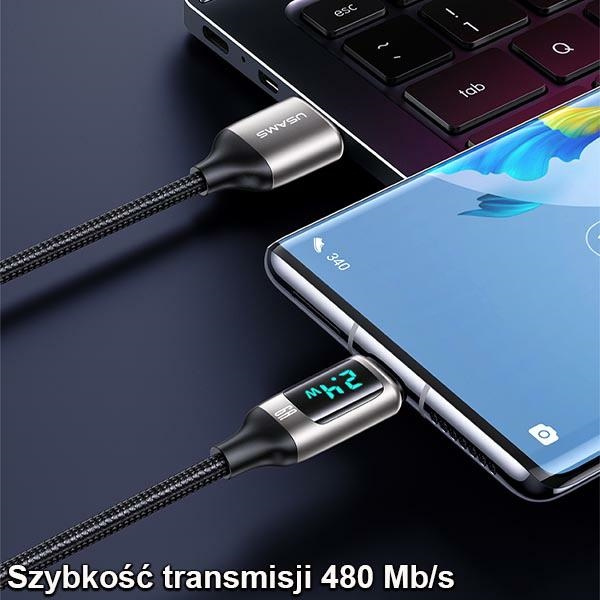 USAMS U78 USB-C 1,2 m LED 6A gyorstöltő Kábel fonott fekete / fekete SJ544USB01 (US-SJ544)