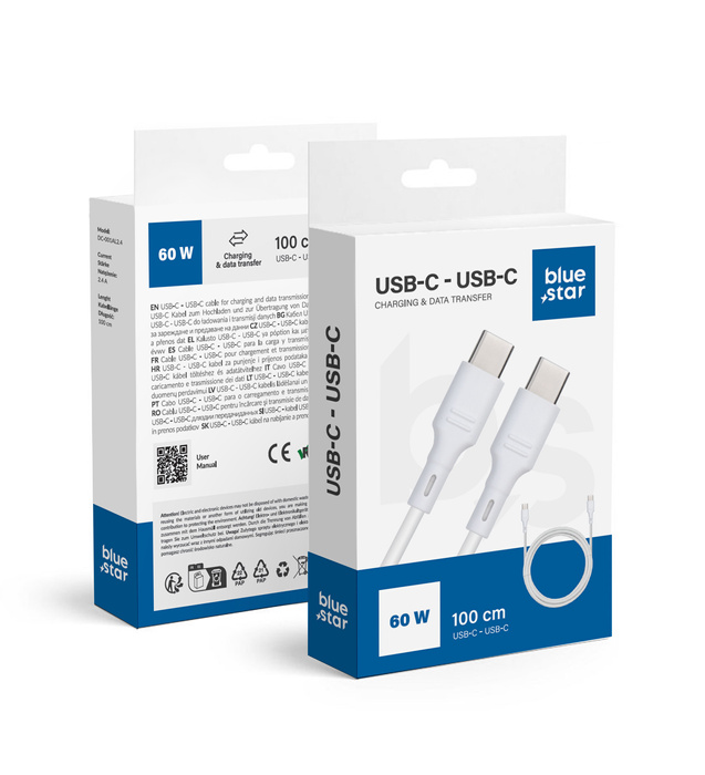 Kabel USB C do USB C Blue Star 3A 60W 1 m DC-001CC3.0 biały