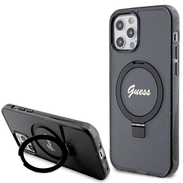 Etui Guess GUHMP12MHRSGSK iPhone 12/12 Pro 6.1" czarny/black hardcase Ring Stand Script Glitter MagSafe Case
