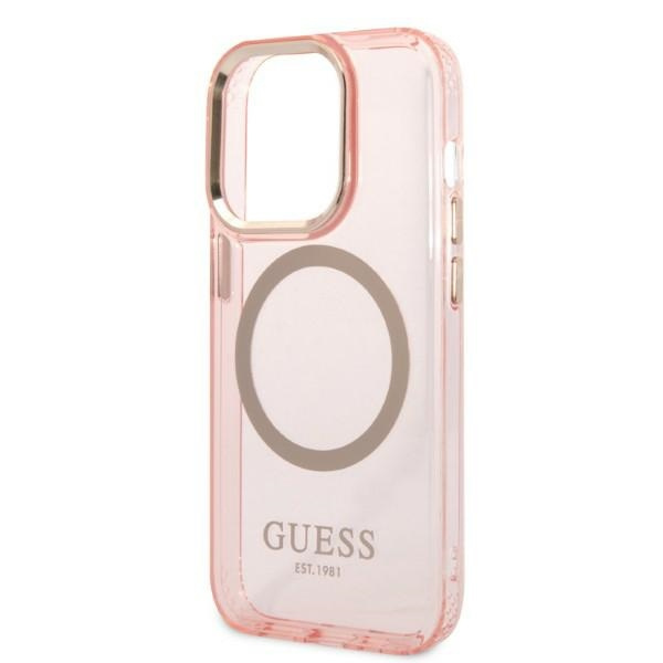 Guess GUHMP14LHTCMP iPhone 14 Pro 6,1" růžový/růžový hard case Zlatý obrys průsvitný MagSafe