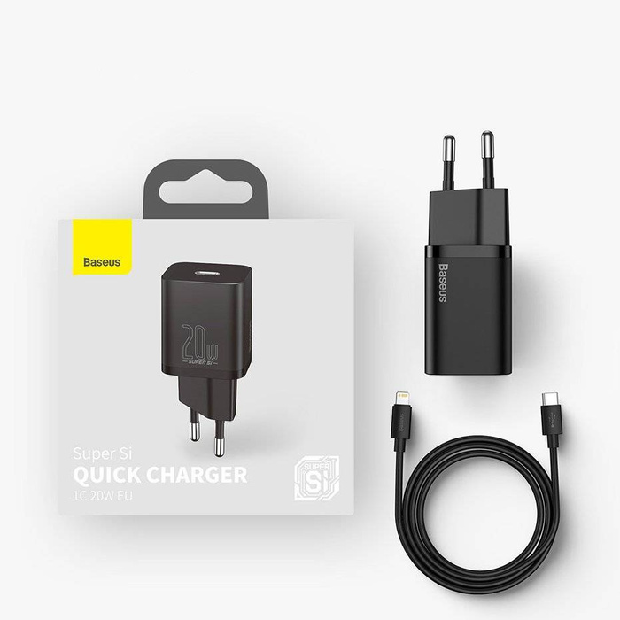 Rychlá nabíječka Baseus Super Si 1C USB Typ C 20W Napájení + USB kabel Typ C - Lightning 1m černý (TZCCSUP-B01)