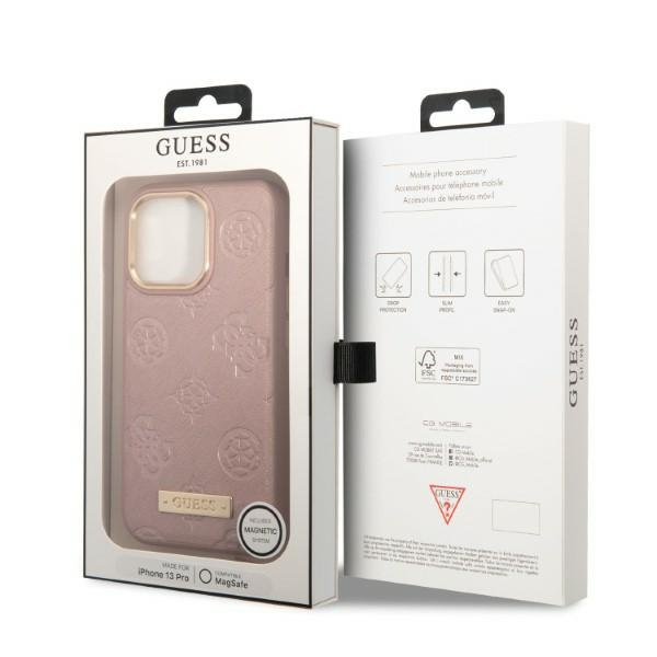 Case Guess iPhone 13 Pro / 13 6.1" pink/pink hardcase Peony Logo Plate MagSafe