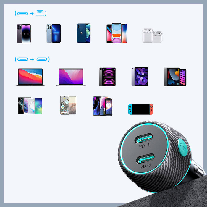 Cargador de coche 2x USB C 70W con retroiluminación LED Joyroom JR-CCN02 | negro