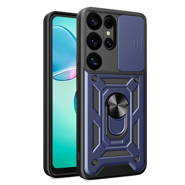 Hybrid Armor Camshield-Hülle mit Kameraabdeckung und Metallring für Samsung Galaxy S25 Ultra – blau