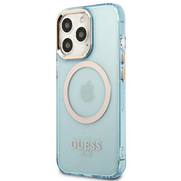 Hülle GUESS Apple iPhone 13 Pro Max Gold Outline Transluzent MagSafe Blau Hartcase