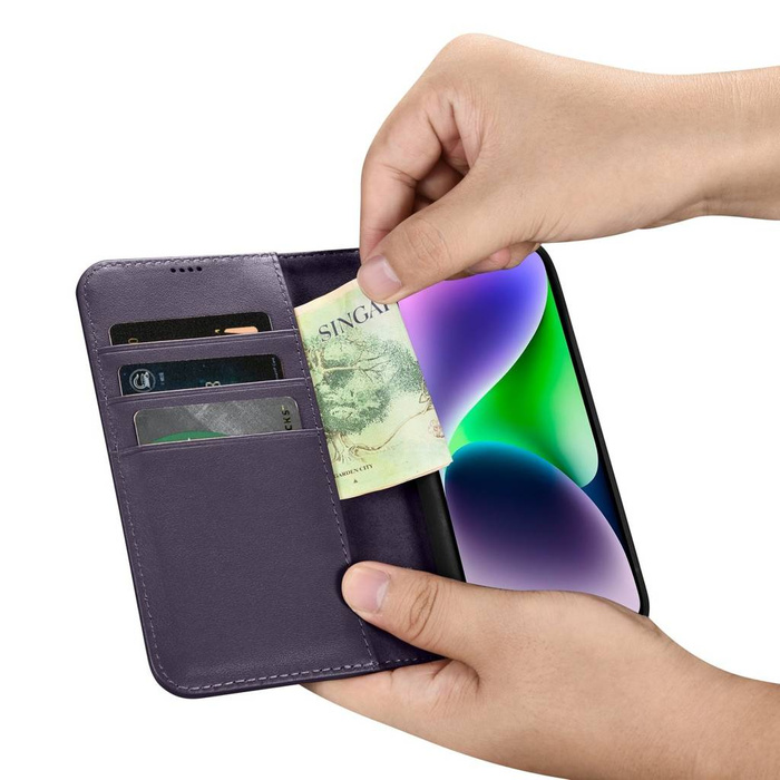 iCarer Wallet Case 2in1 Custodia iPhone 14 Plus Pelle Flip Cover Anti-RFID viola scuro (WMI14220727-DP)
