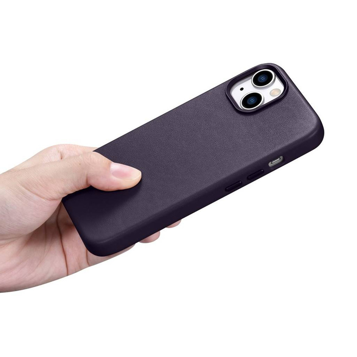 iCarer Case Leather Funda de cuero genuino para iPhone 14 Plus morado oscuro (compatible con MagSafe)