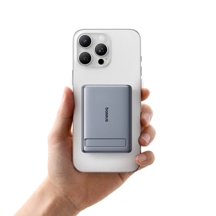 Powerbank Baseus PicoGo AM31 Qi2 5000mAh 20W ultracienki kompatybilny z MagSafe z podstawką z kablem plecionym Baseus Simple USB-C 20cm - szary