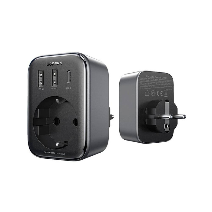 Nabíječka 30W síťový adaptér (2xUSB/USB C/AC) / EU adaptér - EU 13A Ugreen CD314 - černý