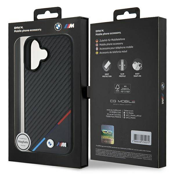 Cover BMW iPhone 16 Plus 6,7" nero/nero durocase Carbon Tricolor Line MagSafe