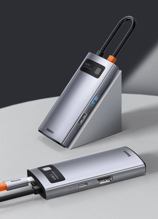 Baseus Metal Gleam 4in1 Multifunktions-HUB USB Typ C - USB Typ C Stromversorgung 100 W / HDMI 4K 30 Hz / 1x USB 3.2 Gen 1 / 1x USB 2.0 (CAHUB-CY0G)