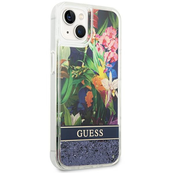 Hülle GUESS Apple iPhone 14 Blume Liquid Glitter Blau Hartcase