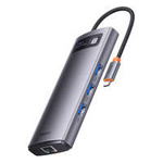Baseus Metal Gleam Series HUB 7 v 1 dokovací stanice USB typu C – 2 x HDMI / 3 x USB 3.2 Gen. 1/1 x napájení / 1 x RJ-45 Ethernet Grey (WKWG040113)