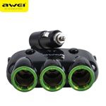 AWEI Car Charger Car Splitter 2 USB C-35 3 Cigarette Lighter Sockets 12V Black