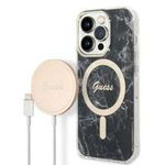 Kit Telefontok Guess Case+ töltő iPhone 14 Pro Max 6.7" fekete/fekete kemény case Marble MagSafe