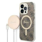 Kit Cover Guess Case+ Caricabatterie iPhone 14 Pro 6.1" marrone/marrone rigido case 4G Print MagSafe