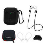Set custodia in silicone per AirPods 2 / AirPods 1 + Custodia / Gancio per l&#39;orecchio / Cinturino da collo / Supporto per cinturino dell&#39;orologio / Moschettone | nero