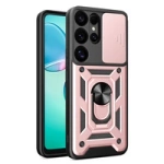 Hybrid Armor Camshield-Hülle mit Kameraabdeckung und Metallring für Samsung Galaxy S25 Ultra – Pink